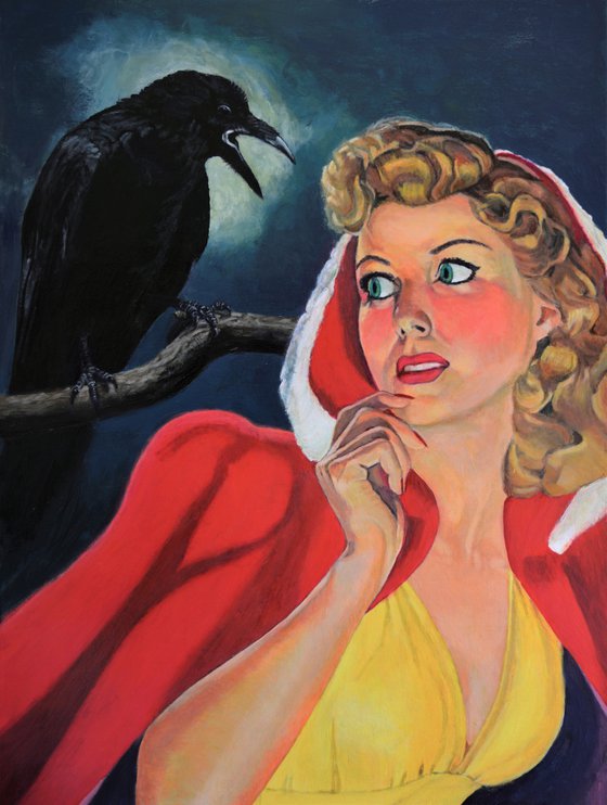 Original Surreal Pulp Red Riding Hood Painting on Canvas with Raven