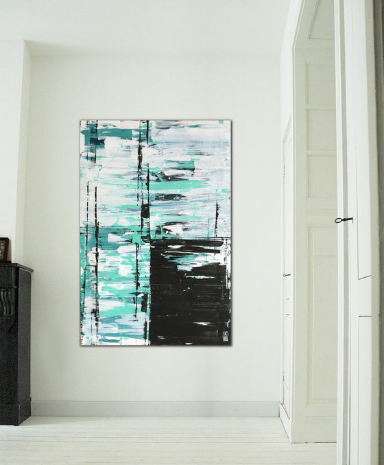 Vertical Acrylic - Static Turquoise in White - Abstract Painting - Ronald Hunter - 05J