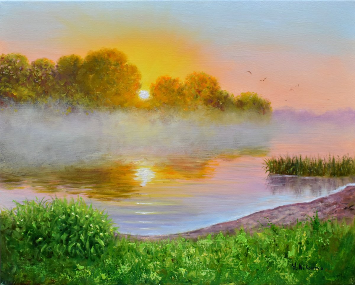 Impressionistic Landscape Oil Painting By Yulia Nikonova, 20 X 16", Tender Sunrise, Original Artwork