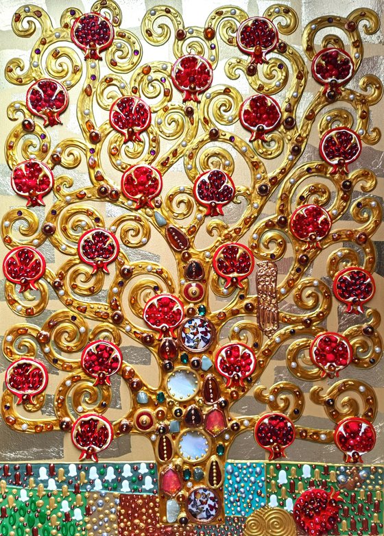 Pomegranate Tree artwork. Golden red art. Decorative wooden relief textured wall hanging sculpture with precious stones and crystal rhinestones. Gift