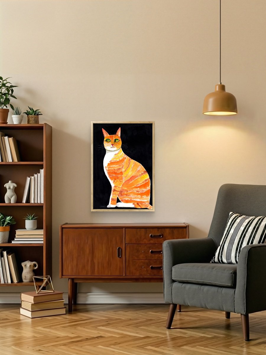 Naive Watercolour , Side Eyed Ginger Orange Cat Whimsical By Sharyn Bursic, 12 X 17, Artwork For Sale On Artfinder