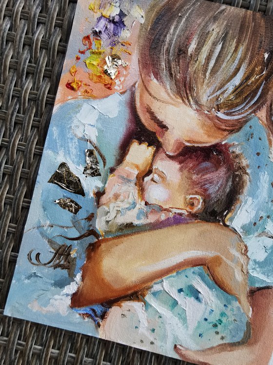 Mother and Child Original Artwork, Emotional Family Portrait