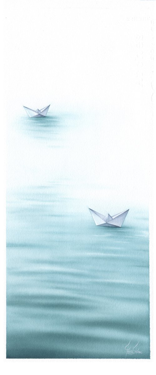 Farewells II - Origami Boat Watercolor by ieva Janu