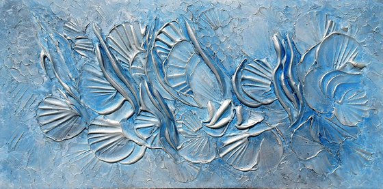 BEACH DREAM. Abstract Blue, Silver Textured 3D Art, Coastal Painting