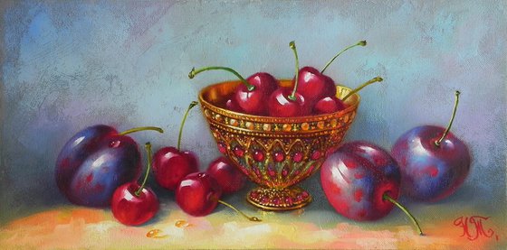 "Cherries and plums" Oil on canvas Original art Kitchen decor