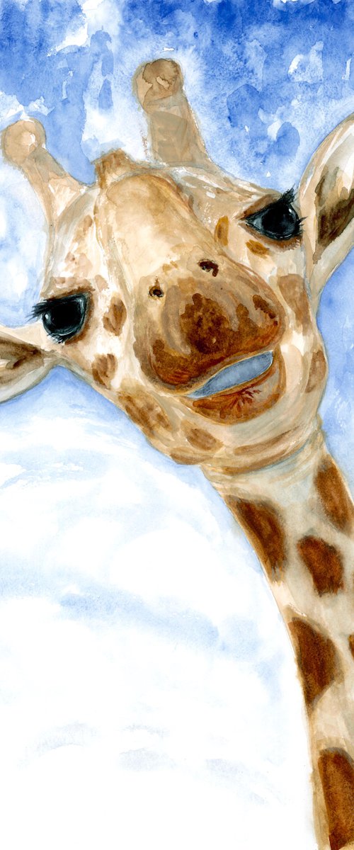 Animal watercolor painting - Giraffe portrait - Funny large art for kids - Gift idea for animal lover by Olga Ivanova