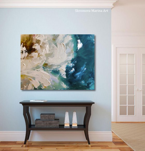 HEAVENLY WAVES - Abstraction. White peony. Macro flowers. Great art. Blue shades. 3d flower. Macro peony. Wall art with flowers.