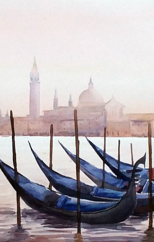 Early Morning Venice & Gondolas- Watercolor Painting by Samiran Sarkar