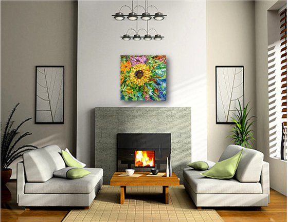 Sunflower in the garden - Original Floral Painting on Canvas, Palette Knife Art, Textured Impasto Artwork