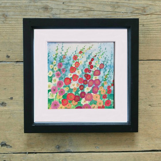 Hollyhocks - mounted watercolour, small gift idea