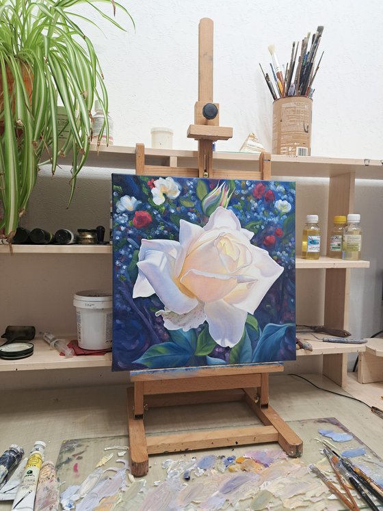 "Sunny rose", white rose painting, floral art