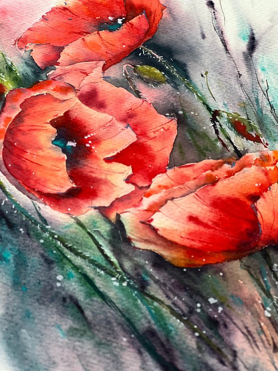 Red poppies Watercolor Flowers