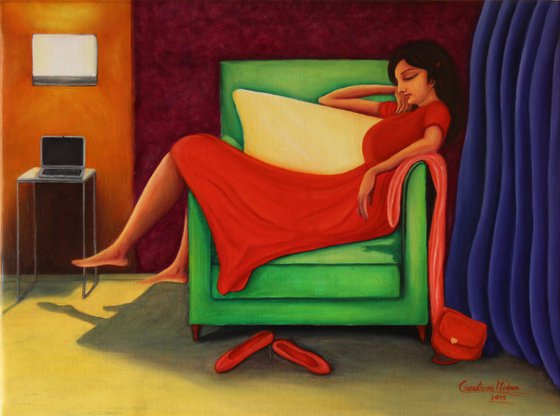 Relaxed - Woman in red relaxing on sofa