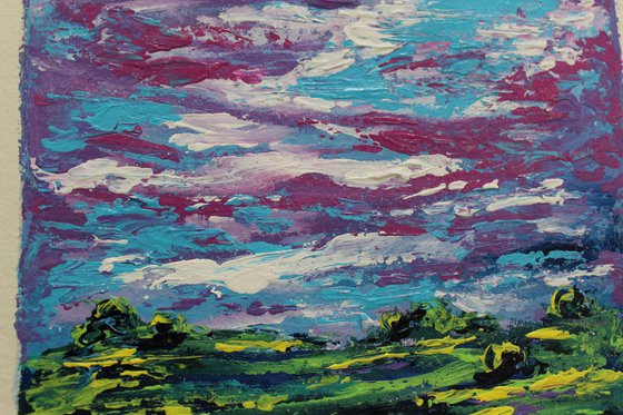 Violet sky - Impressionistic Magical Landscape acrylic painting on Handmade Paper - palette knife artwork