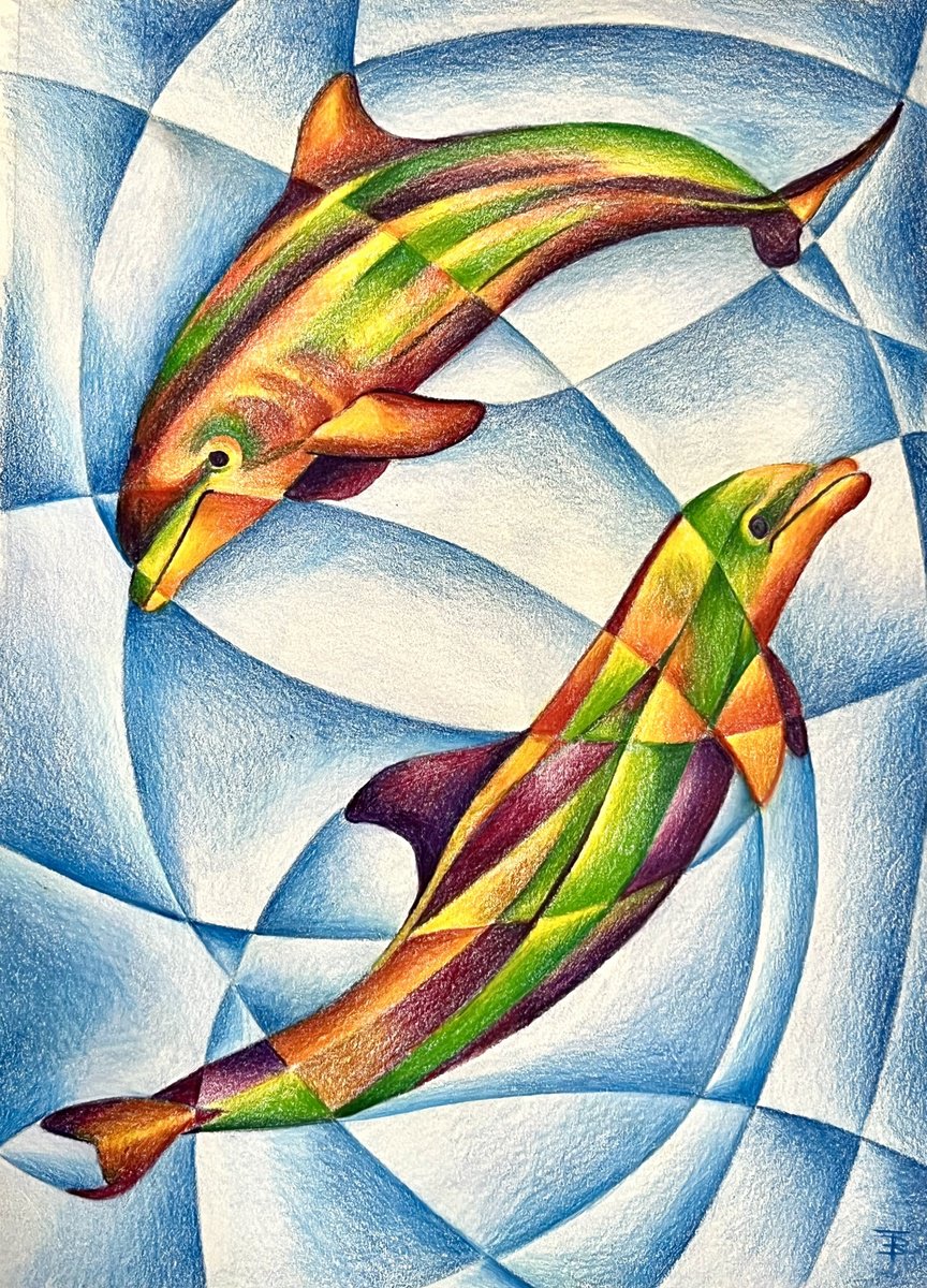 Geometric Animal Pencil Drawing By Tiffany Budd, 13 X 18", Dolphin Rainbow Flow, Original Artwork