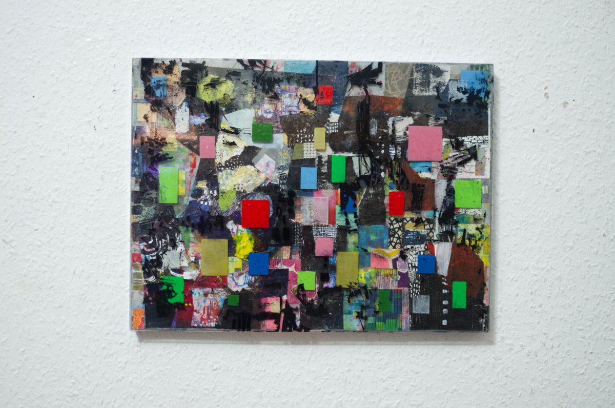 Abstract Acrylic Painting By Junichi Oboshi, 16 X 12", Black Abstraktion 12, Original Artwork