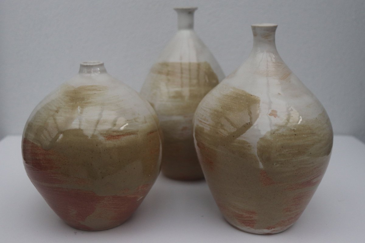 Geometric Abstract Clay Sculpture By Koen Lybaert, 6 X 6", Three White And Red Vessels, Original Artwork