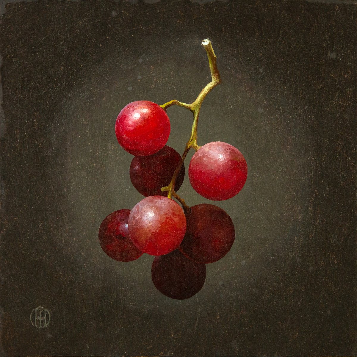 Photorealistic Still Life Oil Painting By Alexey Merzlikin, 7 X 7, Alizarin Grapes, Original Artwork