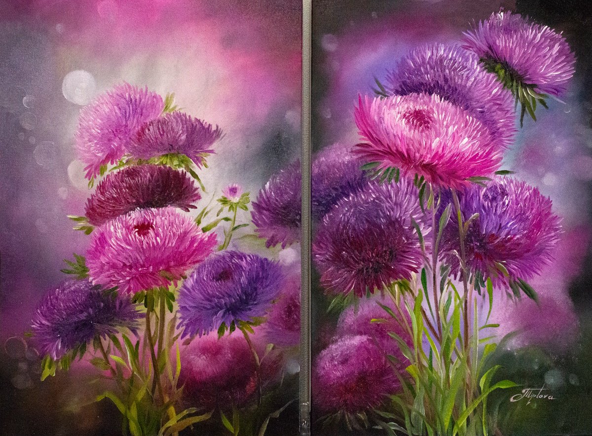 Impressionistic Botanical Oil Painting By Tetiana Tiplova, 31 X 24", Asters, Original Artwork