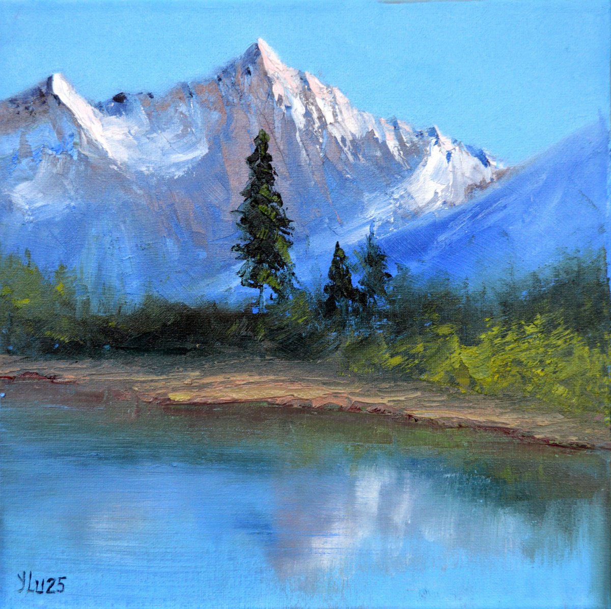 Expressive Landscape Oil Painting By Elena Lukina, 12 X 12, Mountain Lake, Original Artwork