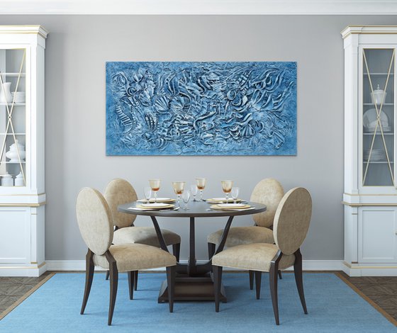 DEEP OCEAN. Large Abstract Navy Blue White 3D Dimensional Textured Art