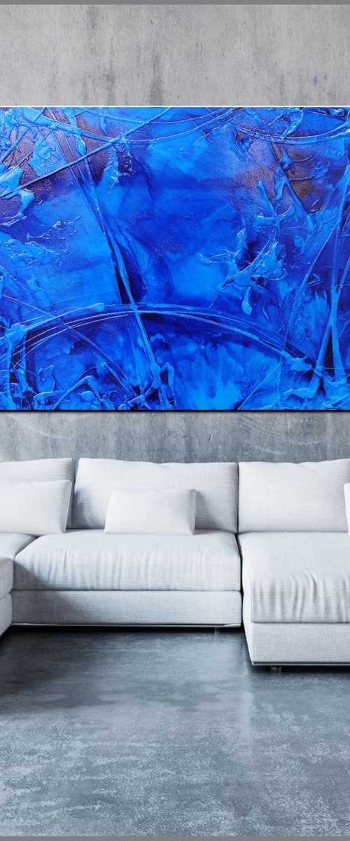 Sapphire Sugar 240cm x 120cm Blue Ink Textured Abstract Art by Franko