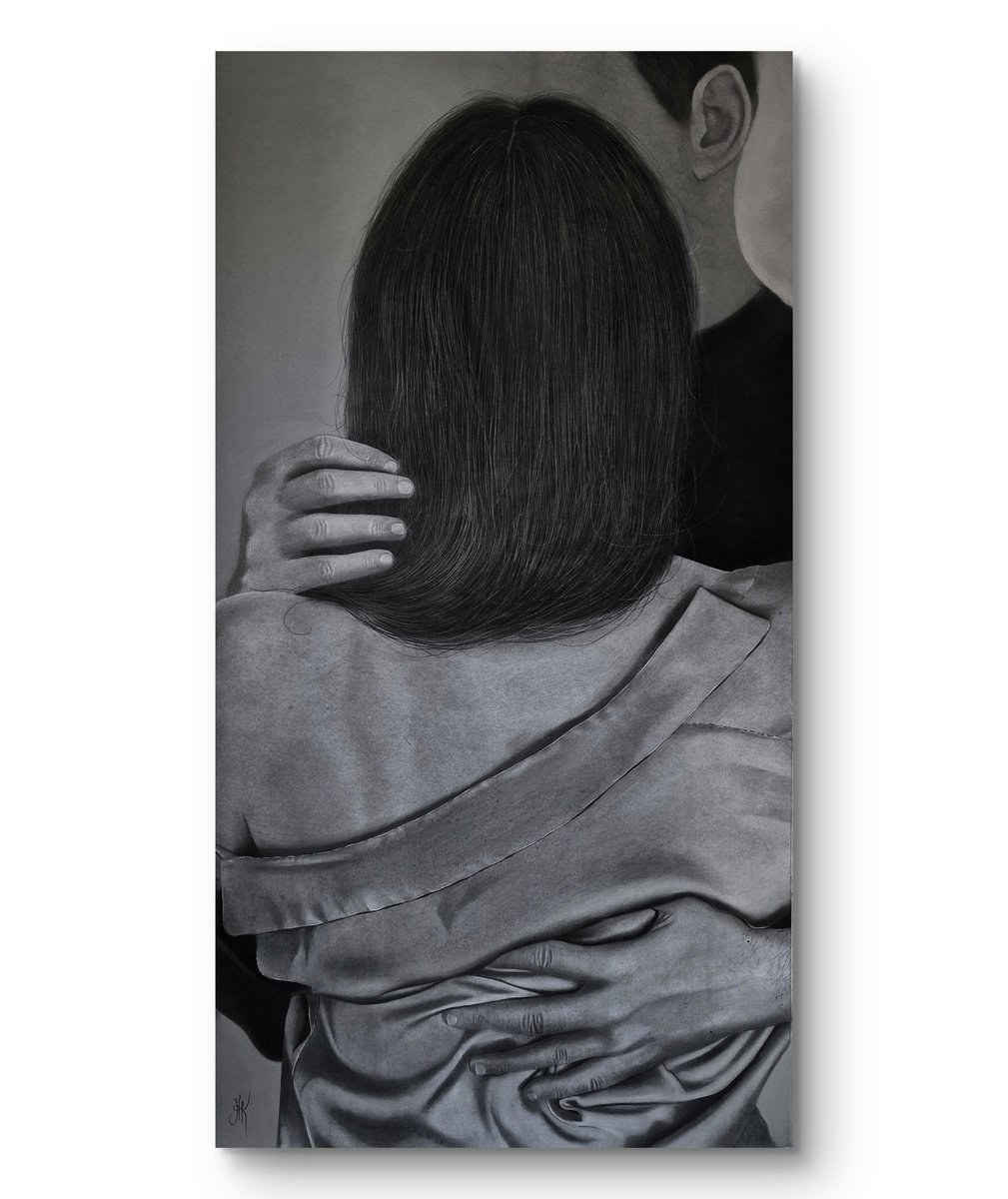 Photorealistic Portrait Charcoal Drawing By Kateryna Kostyk, 21 X 39", "Tenderness", Original Artwork