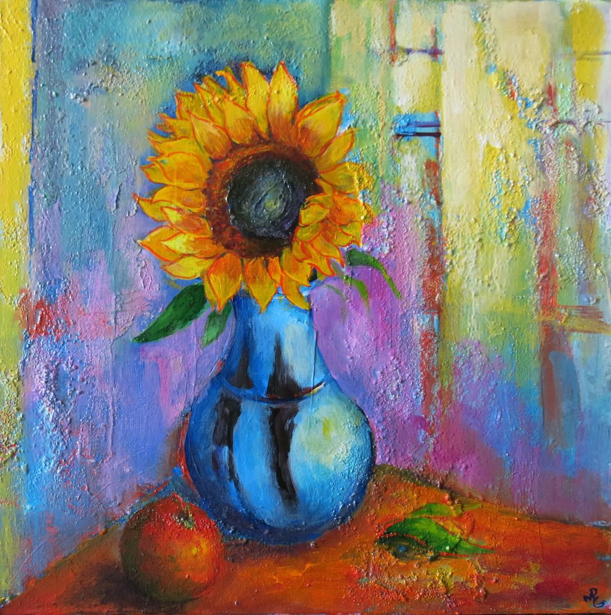 Sunflower and Blue Vase by Maureen Greenwood