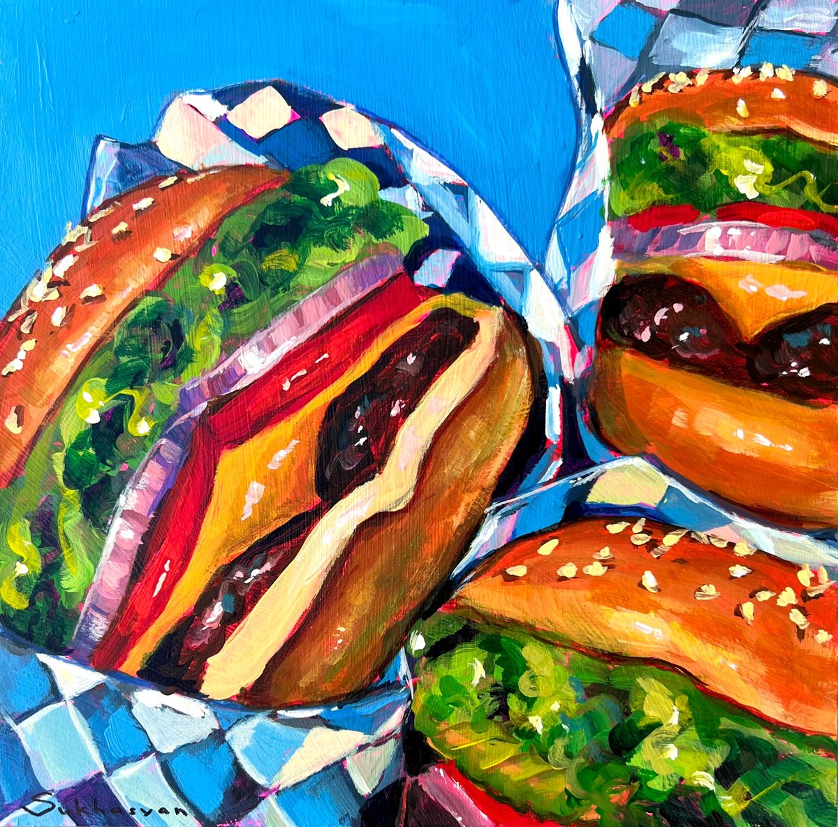 Still Life With A Burgers Acrylic Painting By Victoria Sukhasyan   3b2940d956ff4338b31429d20cdfa674 Opt 