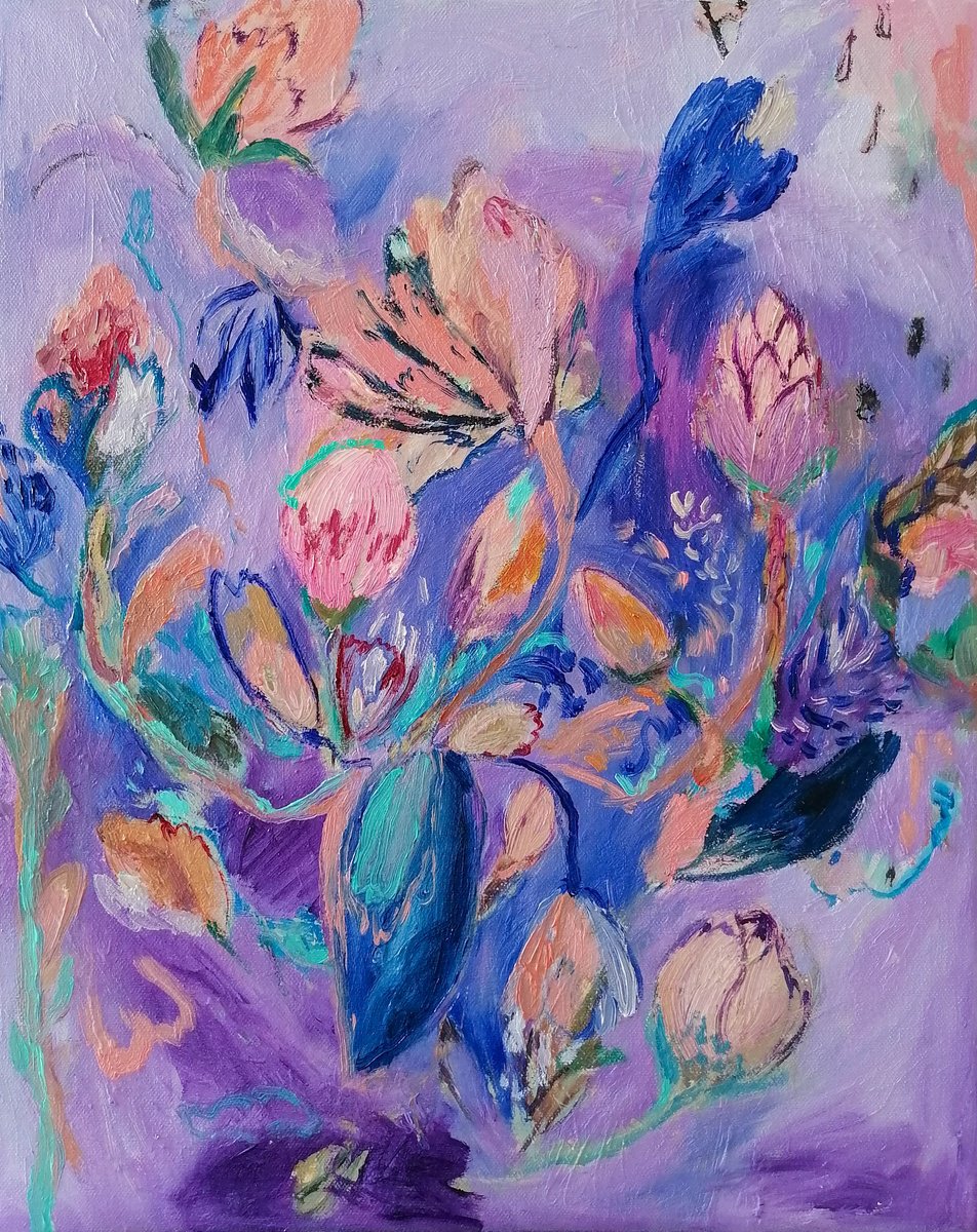 Organic Botanical Oil Painting By Zuzana Petrakova, 16 X 20", Flora In Blue, Original Artwork