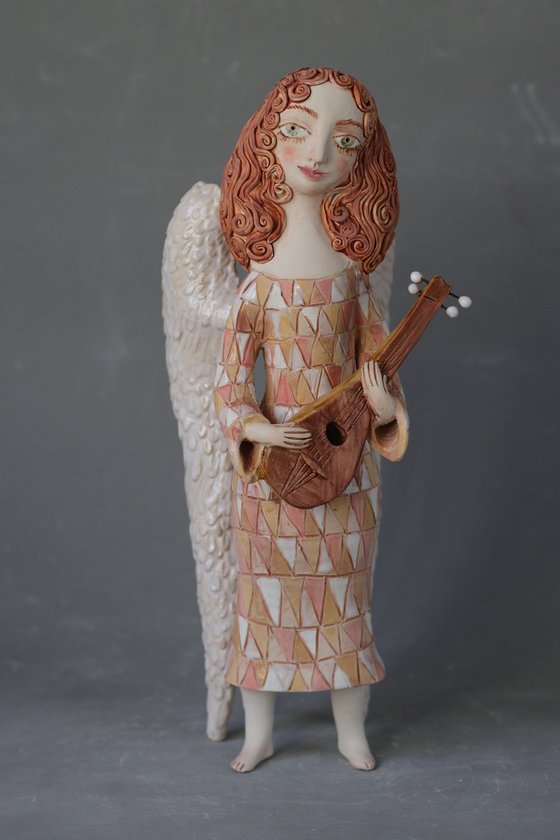 Angel with a Mandolin. Ceramic OOAK sculpture.