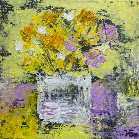 Yellow still life with lilac roses