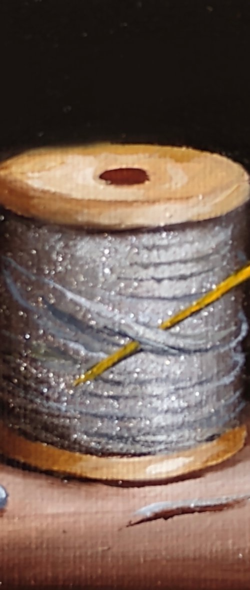 Little silver thread with golden needle still life by Jane Palmer Art