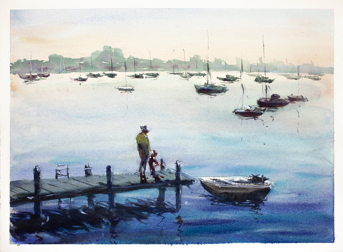 Impressionistic Landscape Watercolour By Tomasz Mikutel, 15 X 11", Evening Walk, Original Artwork