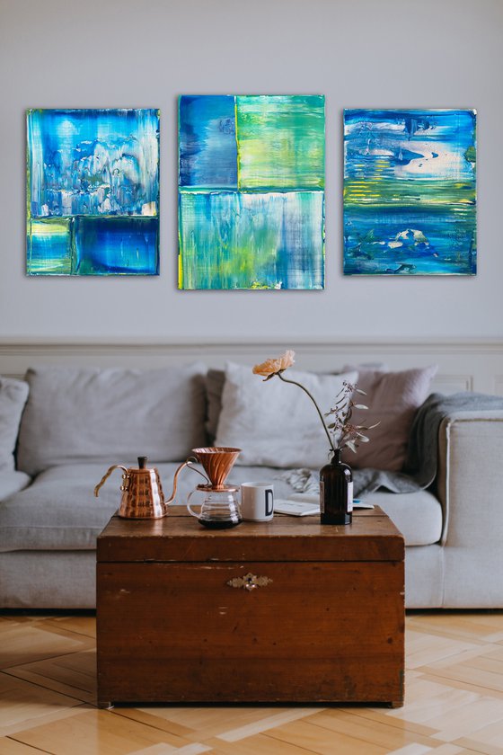 "Just Chillin" - Save As A Series - Original PMS Abstract Acrylic Painting Triptych On Canvas - 50" x 24"