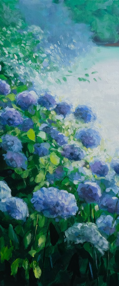 Looking through the hydrangeas by Kerry Lisa Davies