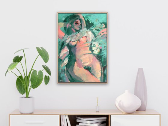 NAKED IN EMERALD - erotic semi-abstract wall art with a naked woman in pink and sky-blue colors