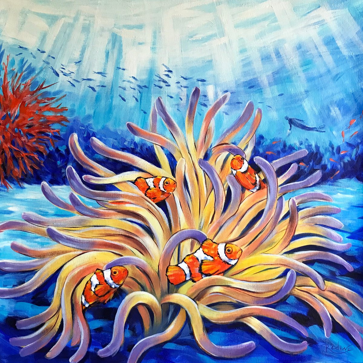 Impressionistic Landscape Acrylic Painting By Irina Redine, 24 X 24, Clownfish And Sea Anemones, Original Artwork