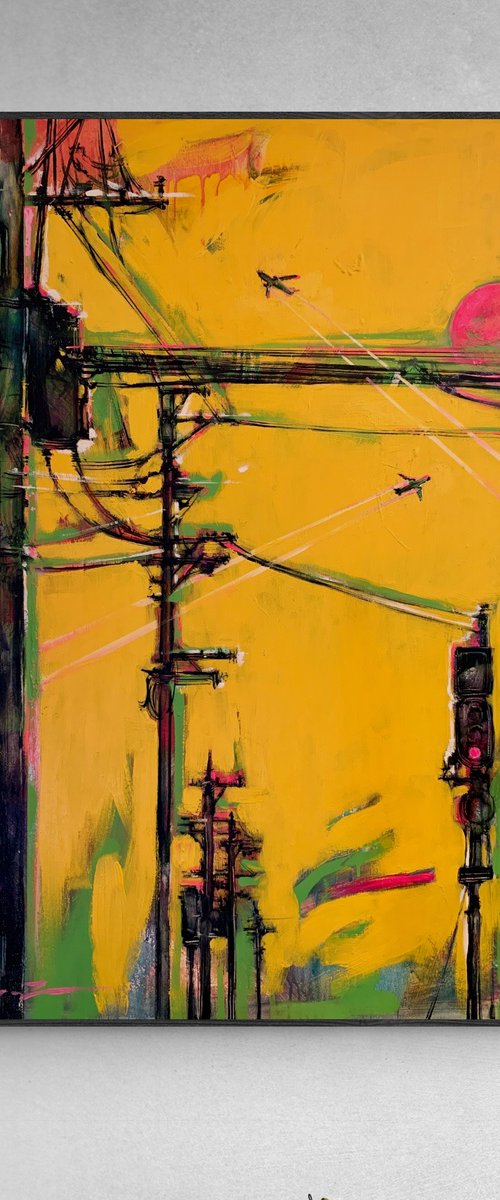 Pink wires"- Street art - Diptych - Electric pole - Urban - Sunset by Yaroslav Yasenev