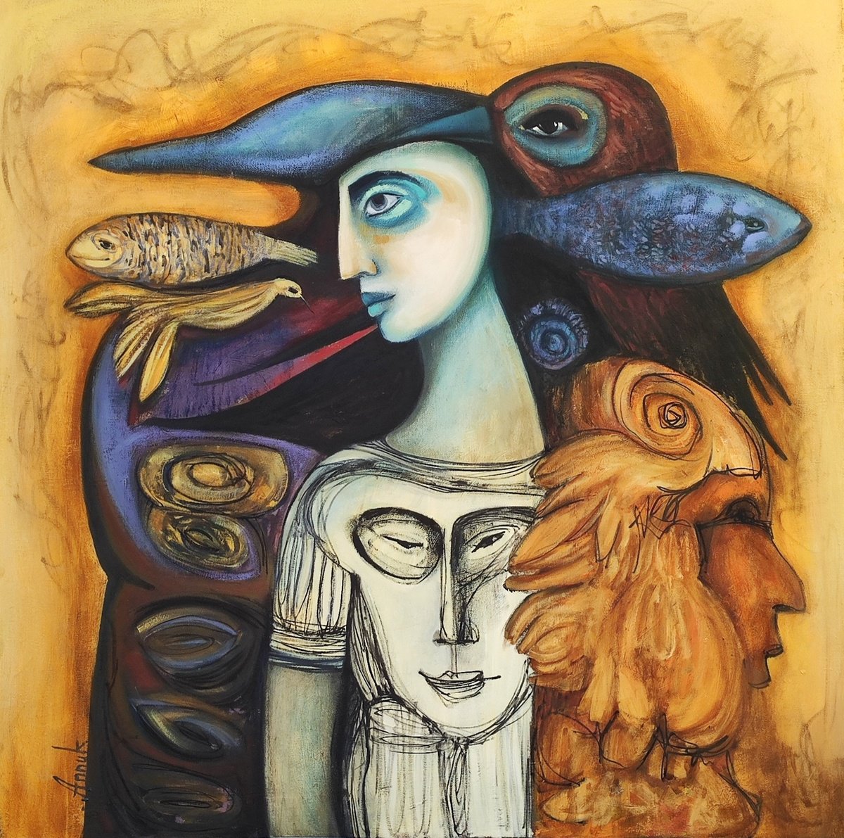 Expressive Portrait Oil Painting By Anna Soghomonyan, 31 X 31, Many-Faced, Original Artwork