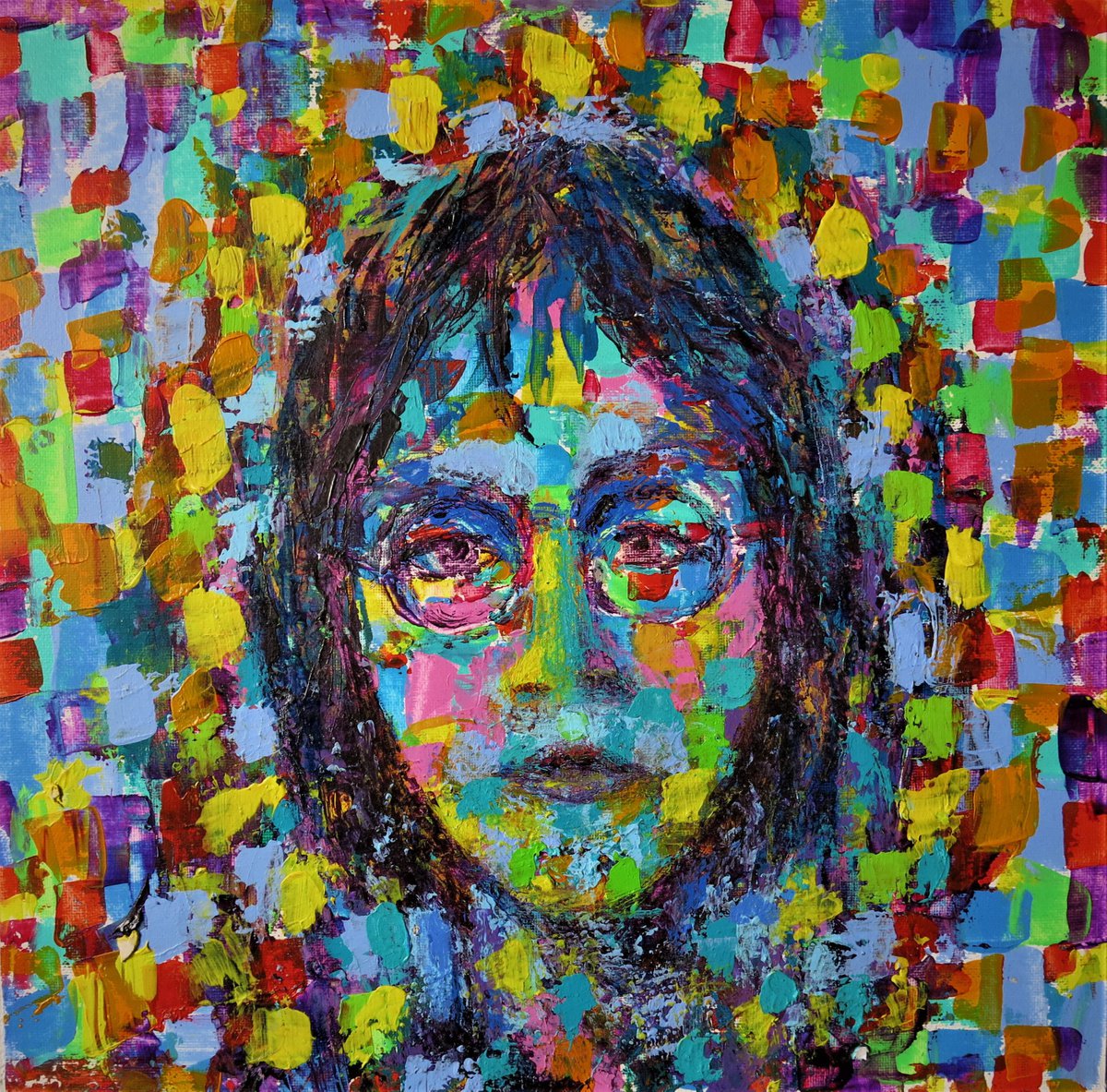 Urban And Pop Portrait Acrylic Painting By Denys Kuvaiev, 16 X 16, Reincarnation Of John Lennon Or Girls Portrait, Artfinder
