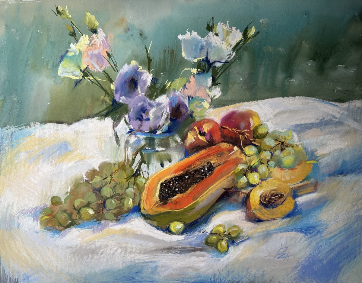 Expressive Pastel Drawing , Papaya Still Life By Olena Hromova, 28 X 20, Artwork For Sale On Artfinder