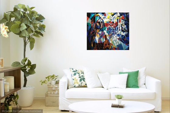 Waiting (90x80cm, cubism, oil painting, ready to hang)