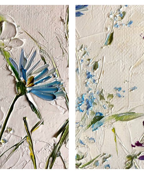 CREAMY FLOWER FACETS 2 SET - Two abstractions. Floral diptych. Soft. Affectionate. Touching gift. Wonderful cornflowers. White panel. by Marina Skromova