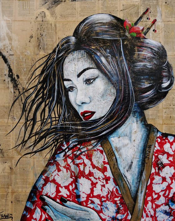 Boketto (Reason for Being) 120cm x 150cm Geisha Book Page Urban Pop Art