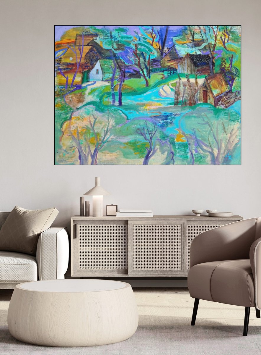 Expressive Cityscapes Oil Painting By Victoria Cozmolici, 47 X 35", Green Silence, Original Artwork