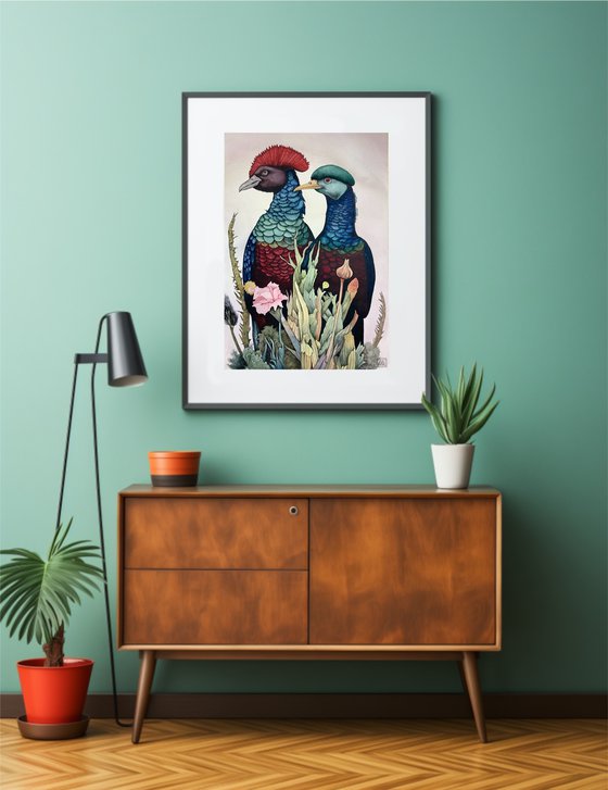 Red and Blue Crested Birds