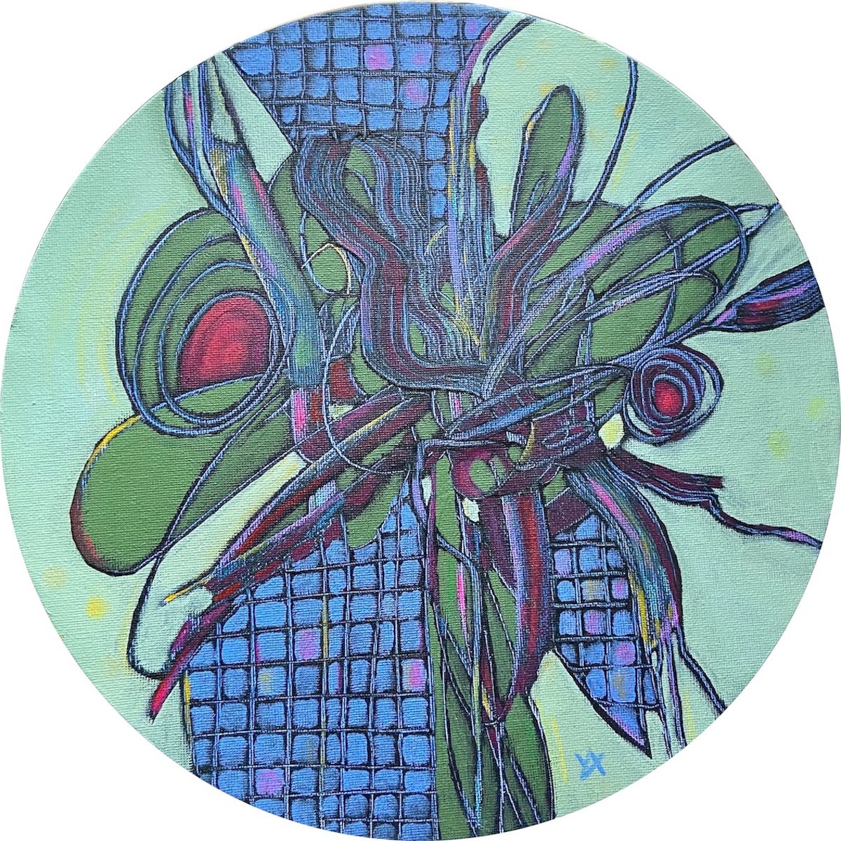 COPING MECHANISM HERBARIUM- abstract round small 30 cm painting, green, blue, red, flower by Yulia Ani