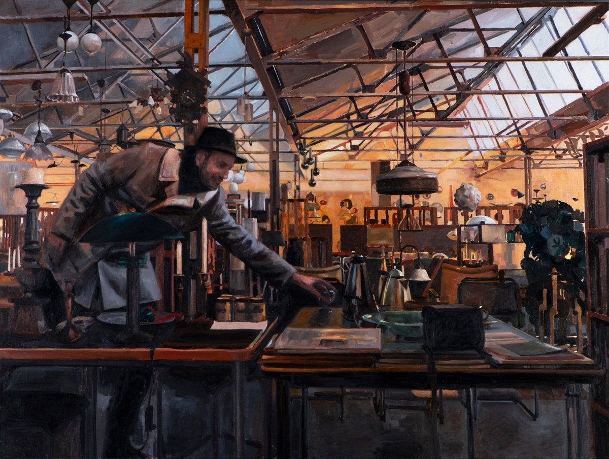 Impressionistic Portrait Oil Painting By Roeland Kneepkens, 47 X 35", Soiree At A Vintage Store., Original Artwork