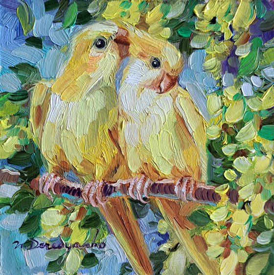 Yellow parrot oil painting original birds art framed 5x5 inch
